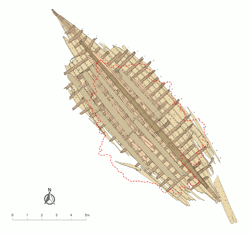 Umzeichnung der Aufsicht auf das 3D Modell des Schiffswracks